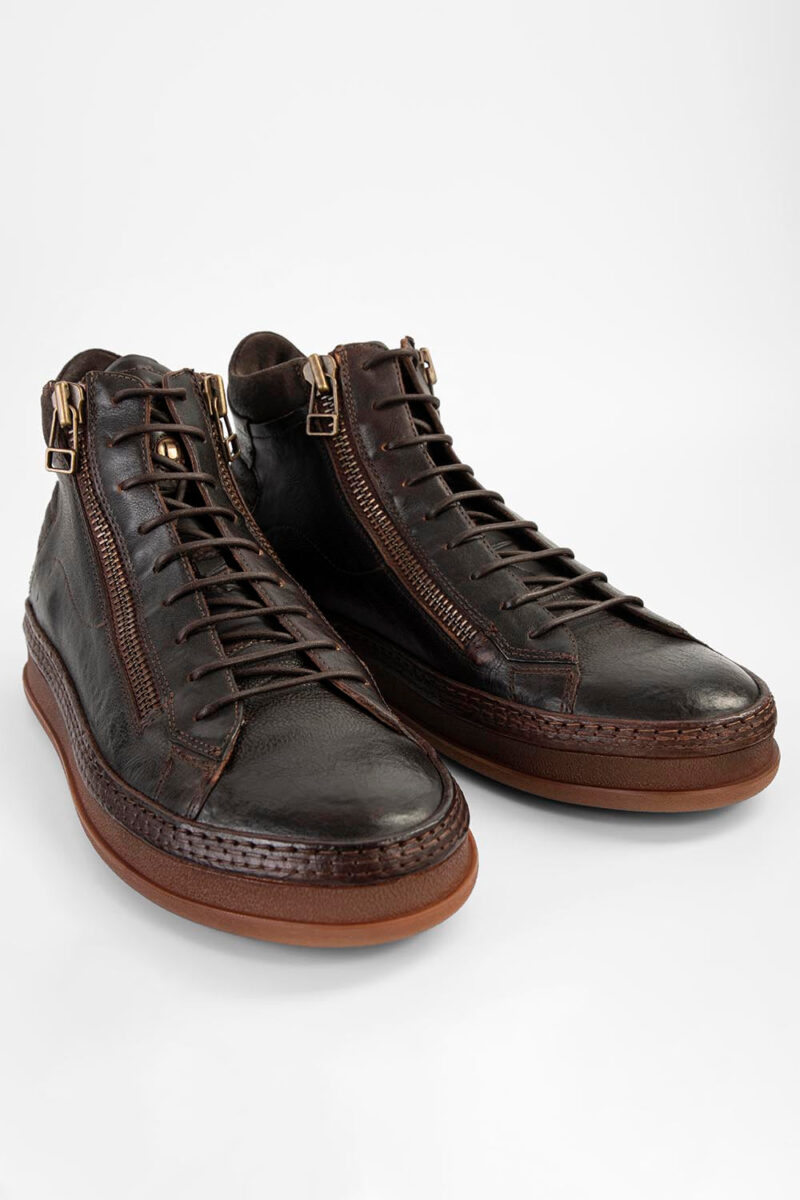 COLE dark-cocoa double-zip welted distressed high sneakers. - Image 4