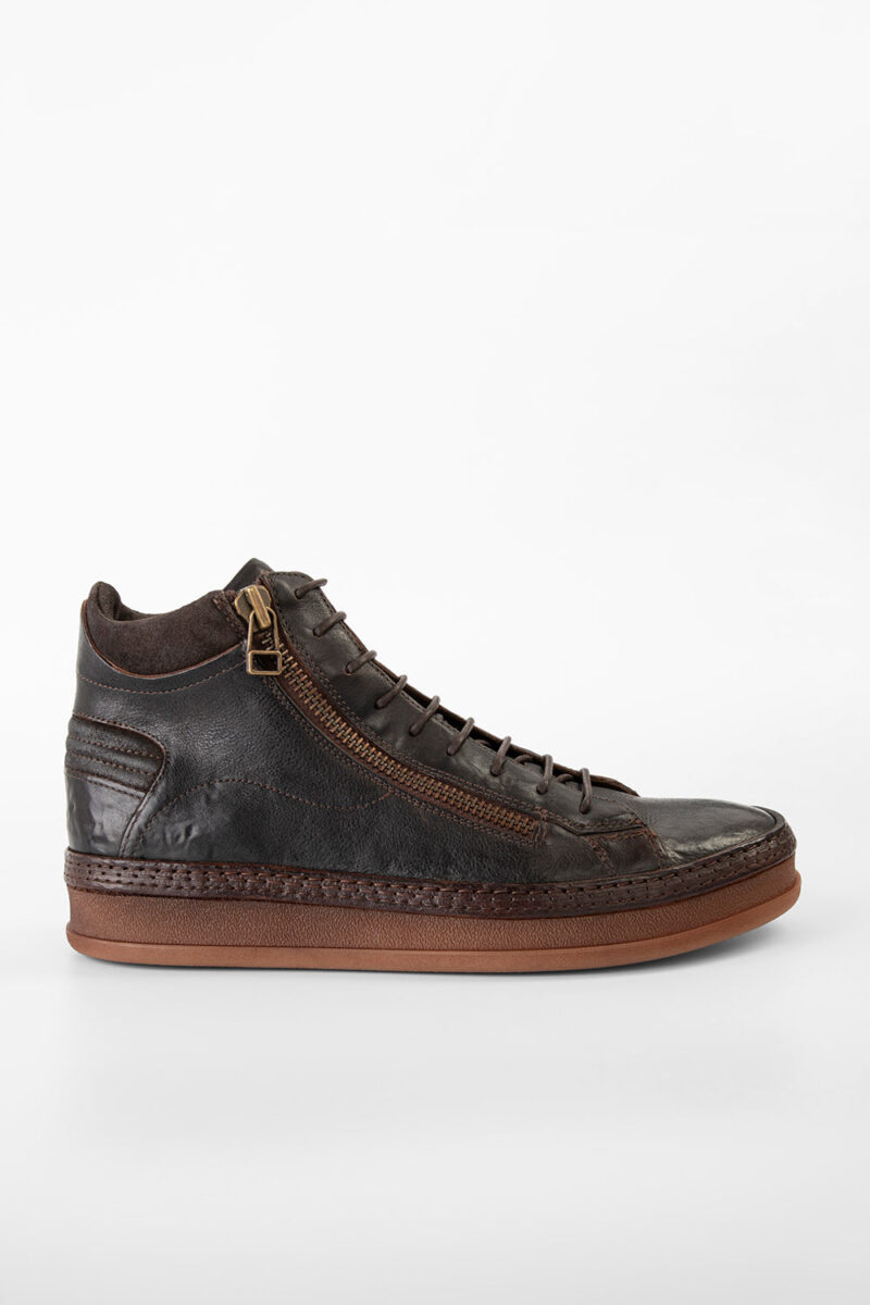 COLE dark-cocoa double-zip welted distressed high sneakers.