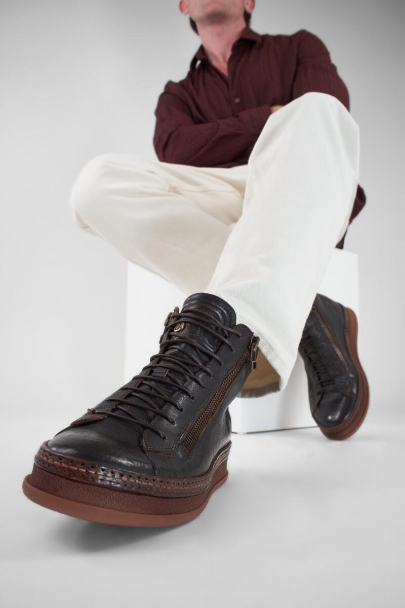 COLE dark-cocoa double-zip welted distressed high sneakers. - Image 2