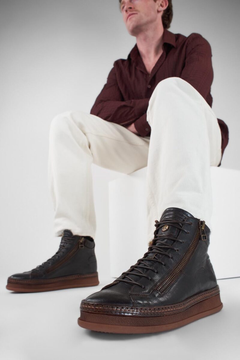 COLE dark-cocoa double-zip welted distressed high sneakers. - Image 5