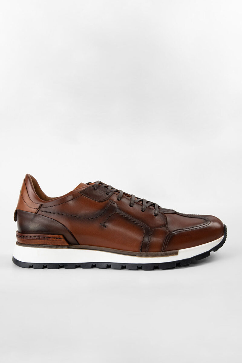 OWEN cocoa-brown triple stitched wingtip patina runners.