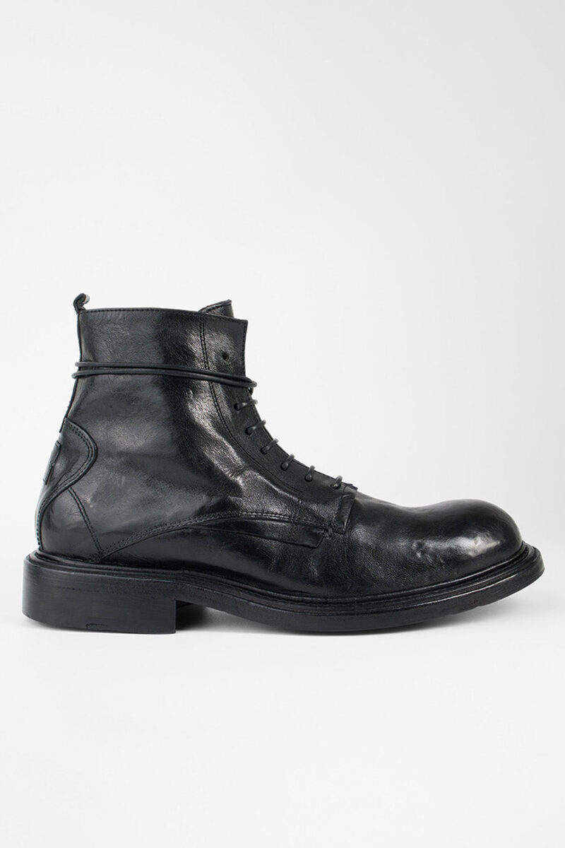 BOLTON limo-black layered lace up boots.